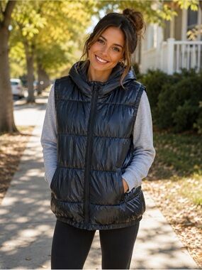 Avia Black Hooded Puffer Vest XL 16-18 Lightweight Quilted Athleisure Jacket